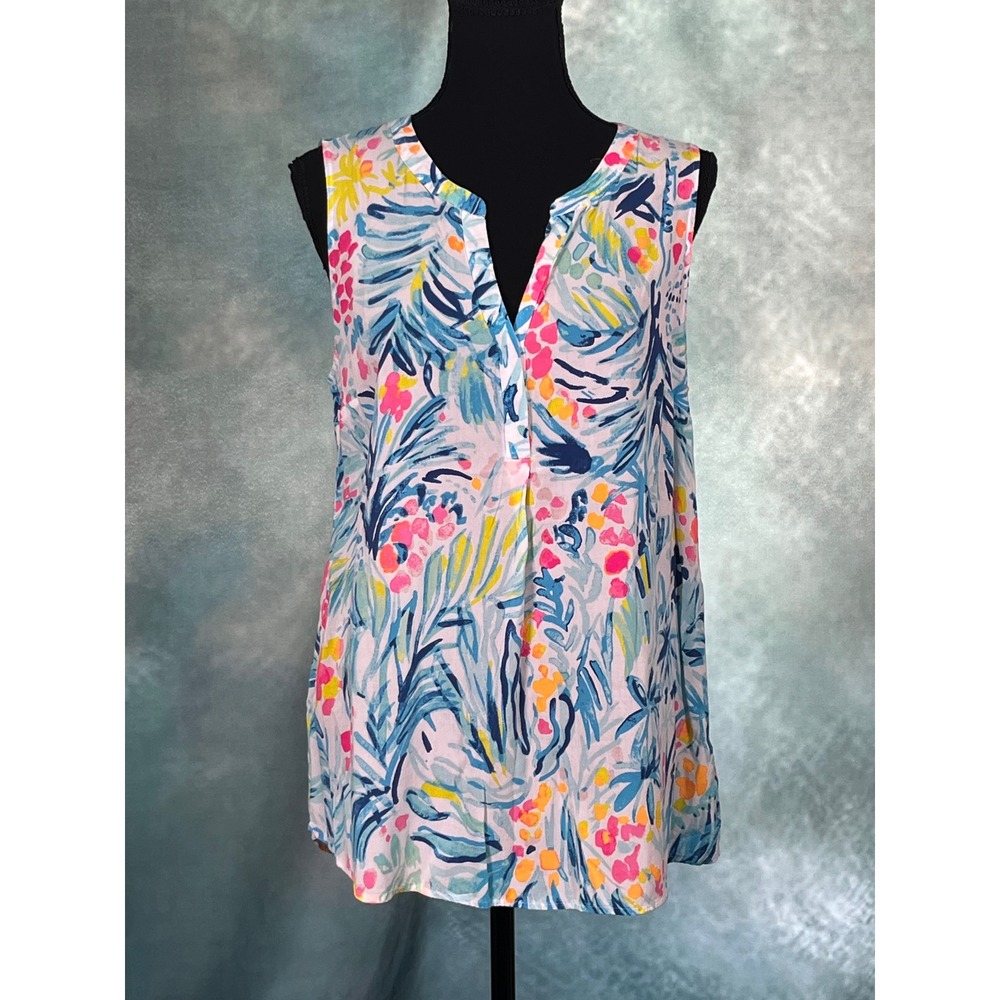 Lilly Pulitzer Stacey Womens Medium Blue Tropical Floral Rayon Sleeveless Top